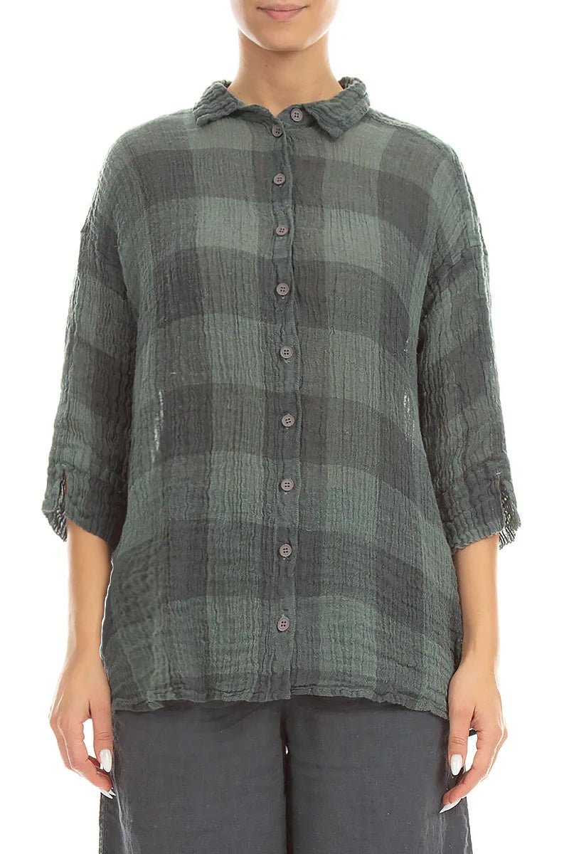 Loose Large Check Sage Gauze Linen Shirt - RUTHERFORD & Co