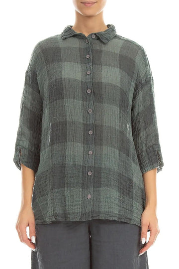 Loose Large Check Sage Gauze Linen Shirt - RUTHERFORD & Co