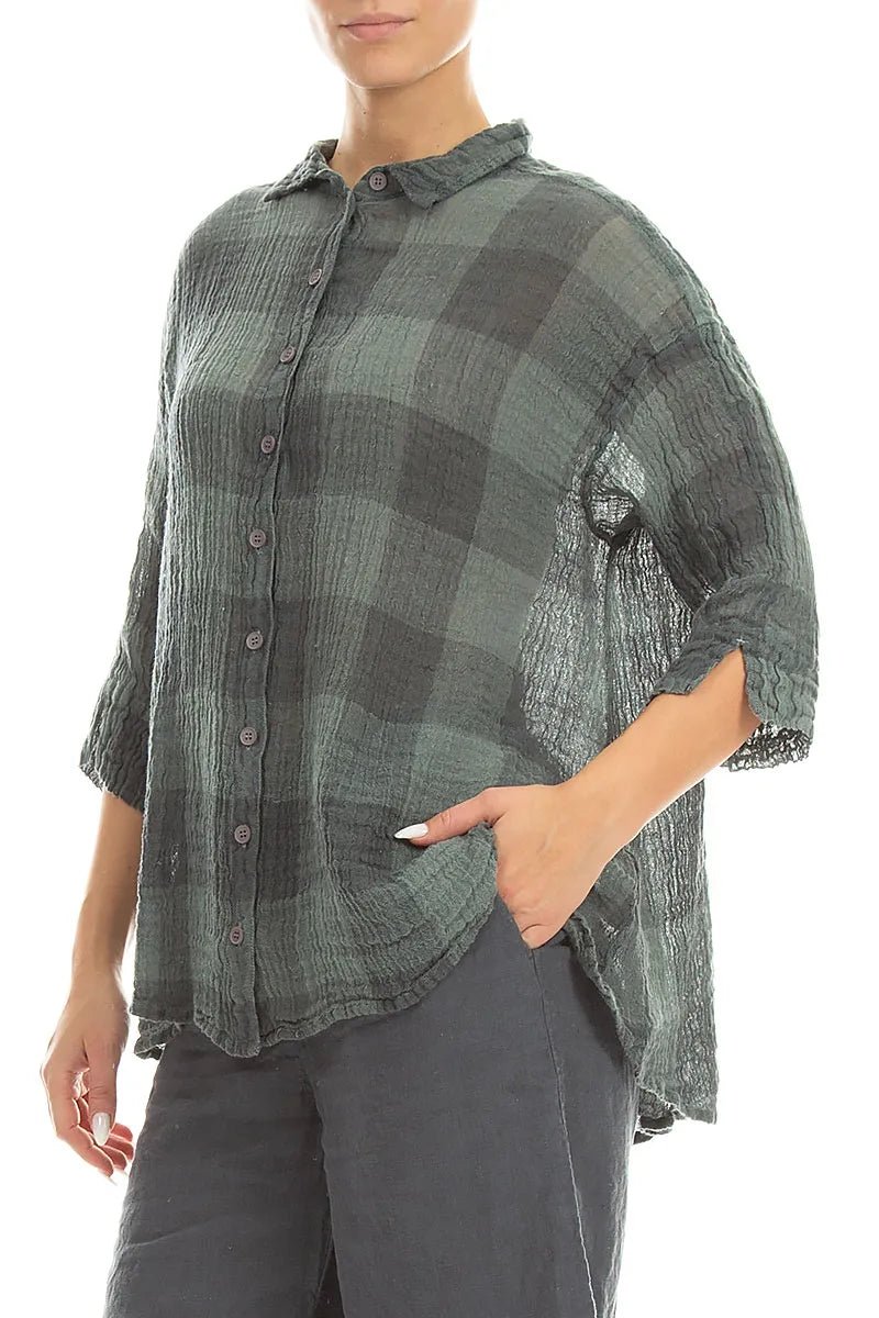 Loose Large Check Sage Gauze Linen Shirt - RUTHERFORD & Co