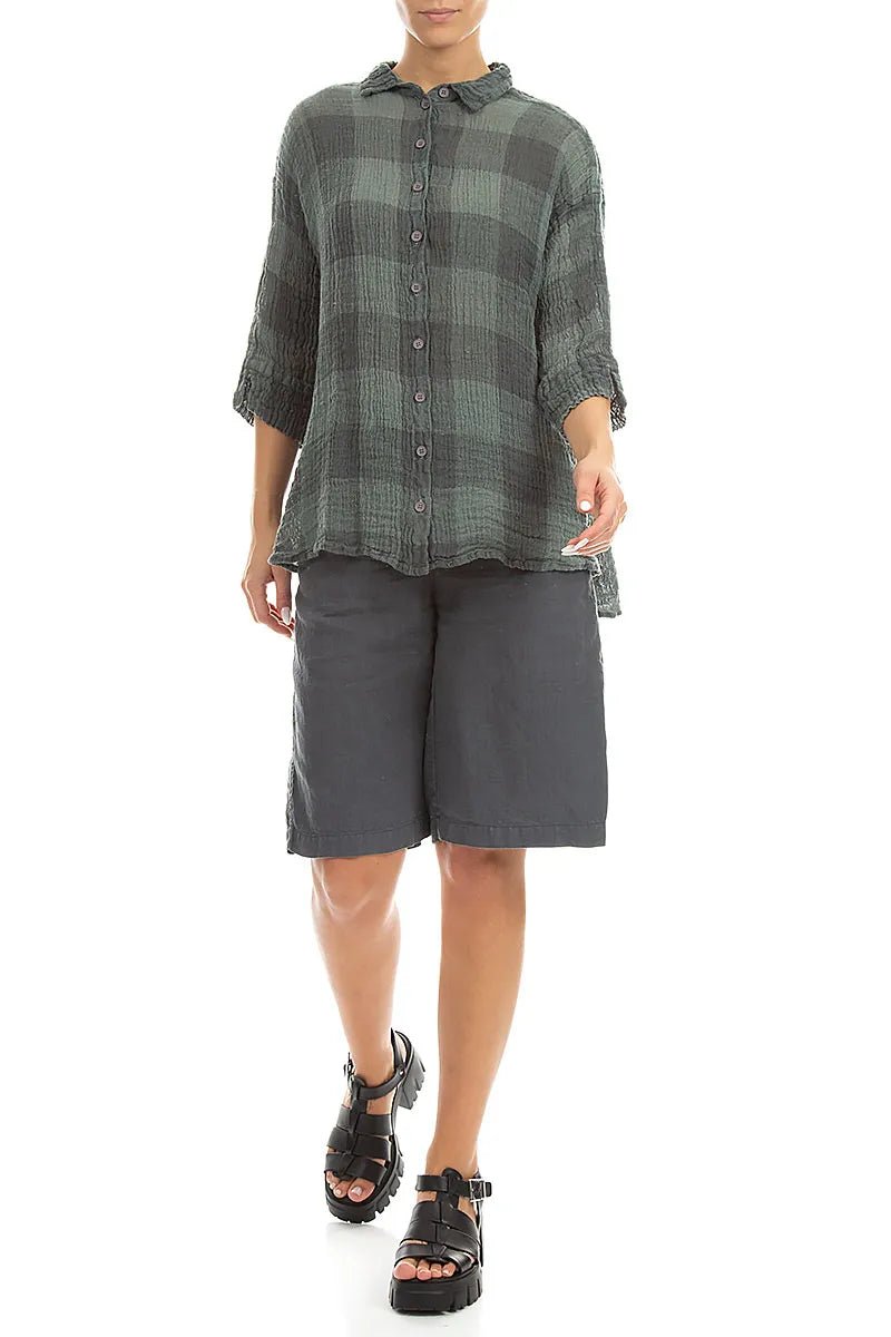 Loose Large Check Sage Gauze Linen Shirt - RUTHERFORD & Co