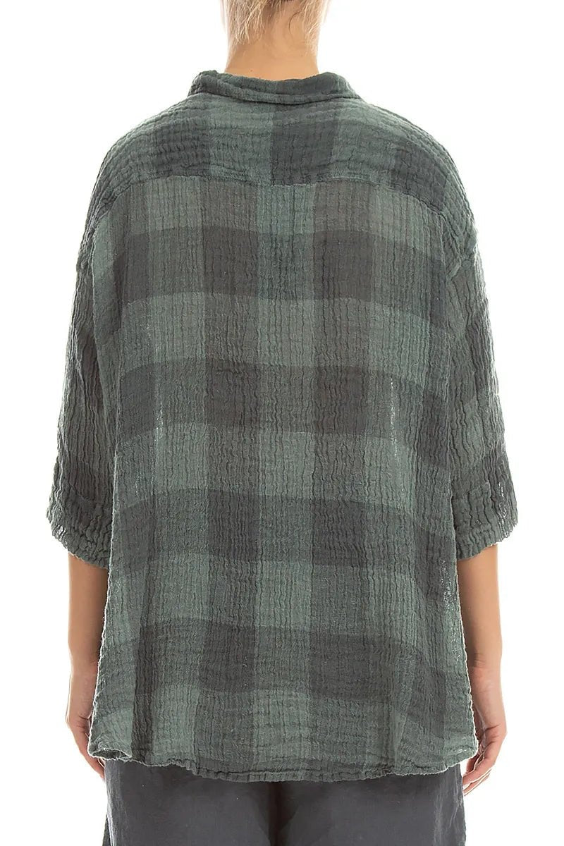 Loose Large Check Sage Gauze Linen Shirt - RUTHERFORD & Co