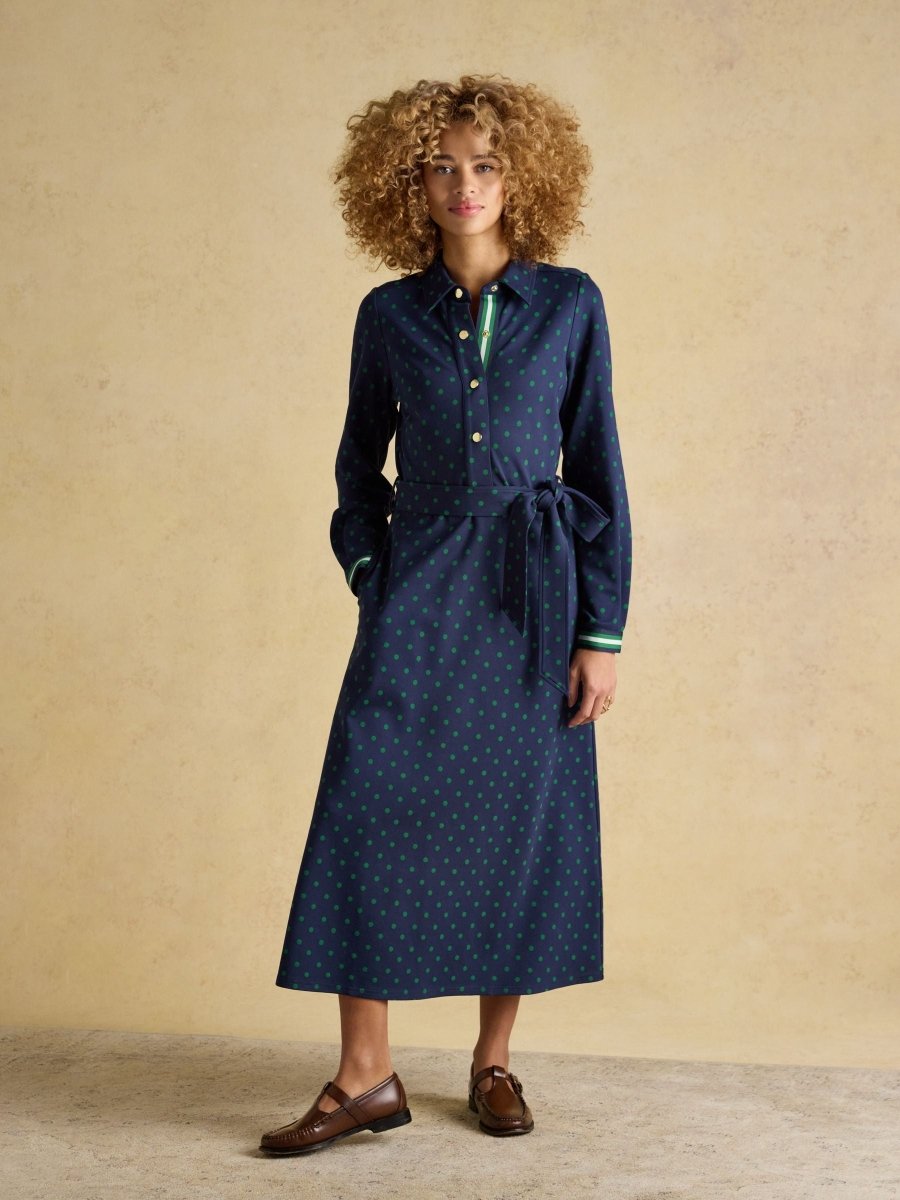 Louisa Navy Spot Tie Waist Long Sleeve Ponte Dress - RUTHERFORD & Co