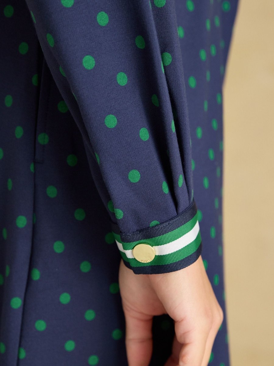 Louisa Navy Spot Tie Waist Long Sleeve Ponte Dress - RUTHERFORD & Co