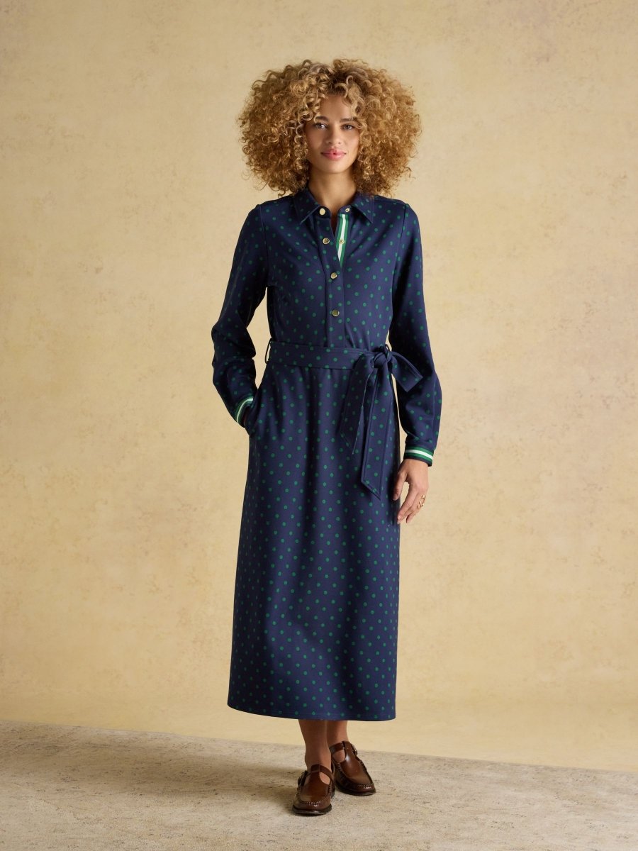 Louisa Navy Spot Tie Waist Long Sleeve Ponte Dress - RUTHERFORD & Co