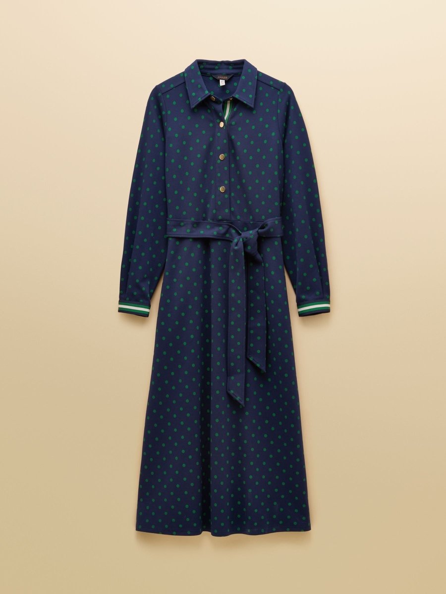 Louisa Navy Spot Tie Waist Long Sleeve Ponte Dress - RUTHERFORD & Co