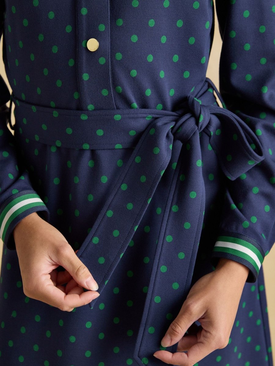 Louisa Navy Spot Tie Waist Long Sleeve Ponte Dress - RUTHERFORD & Co