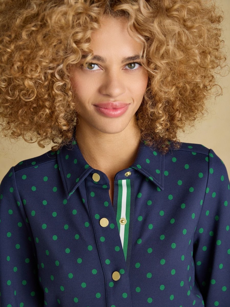 Louisa Navy Spot Tie Waist Long Sleeve Ponte Dress - RUTHERFORD & Co