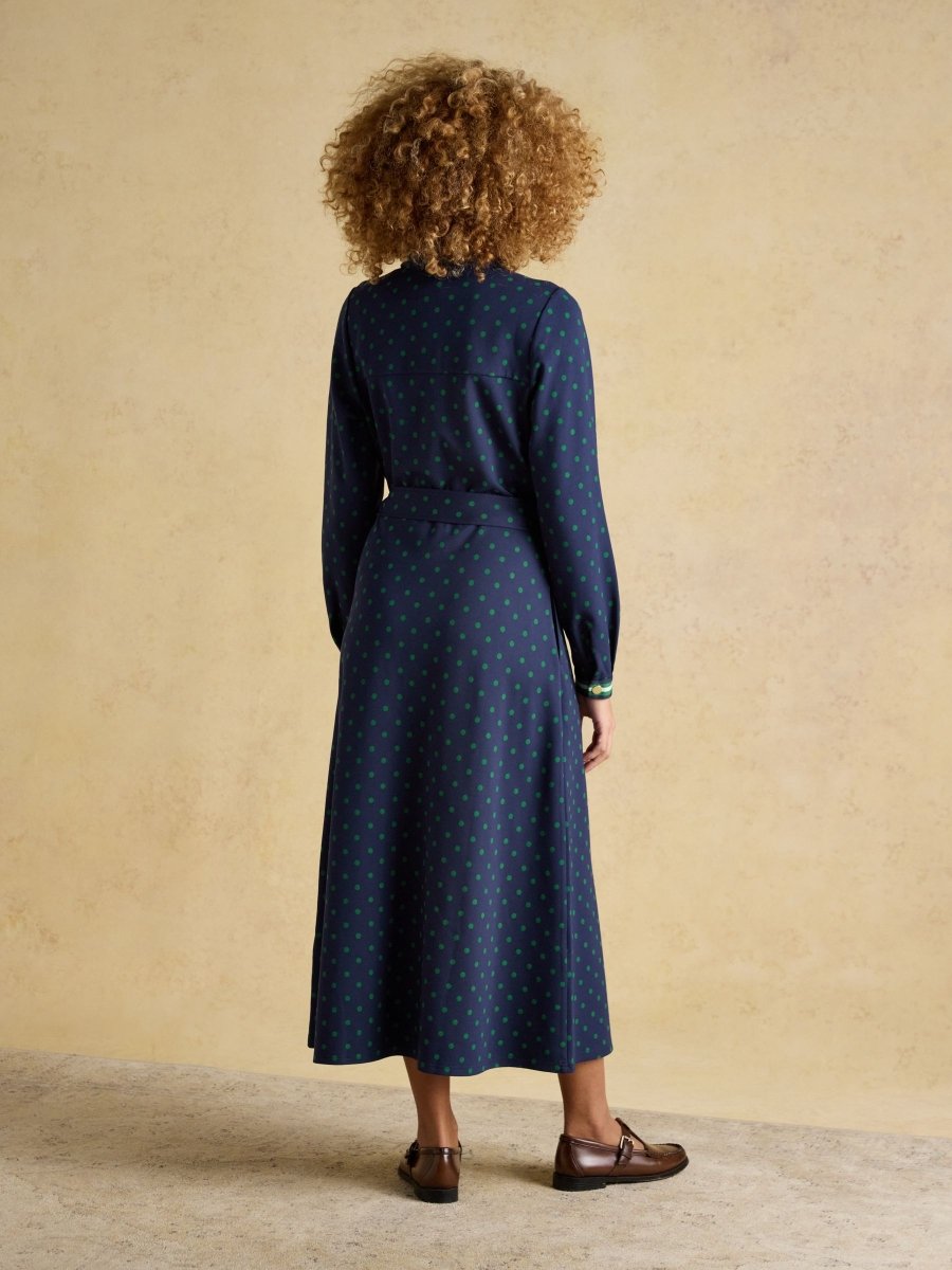 Louisa Navy Spot Tie Waist Long Sleeve Ponte Dress - RUTHERFORD & Co
