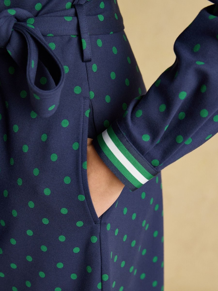 Louisa Navy Spot Tie Waist Long Sleeve Ponte Dress - RUTHERFORD & Co
