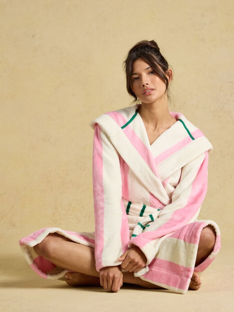 Luna Hooded Fleece Dressing Gown - Pink/Cream Stripe - RUTHERFORD & Co