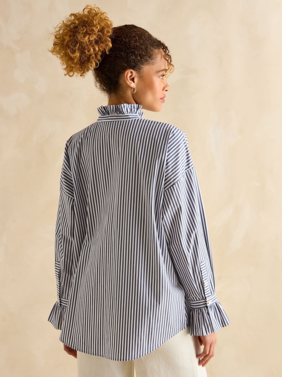 Mae Navy/White Relaxed Fit Frill Neck Shirt - RUTHERFORD & Co