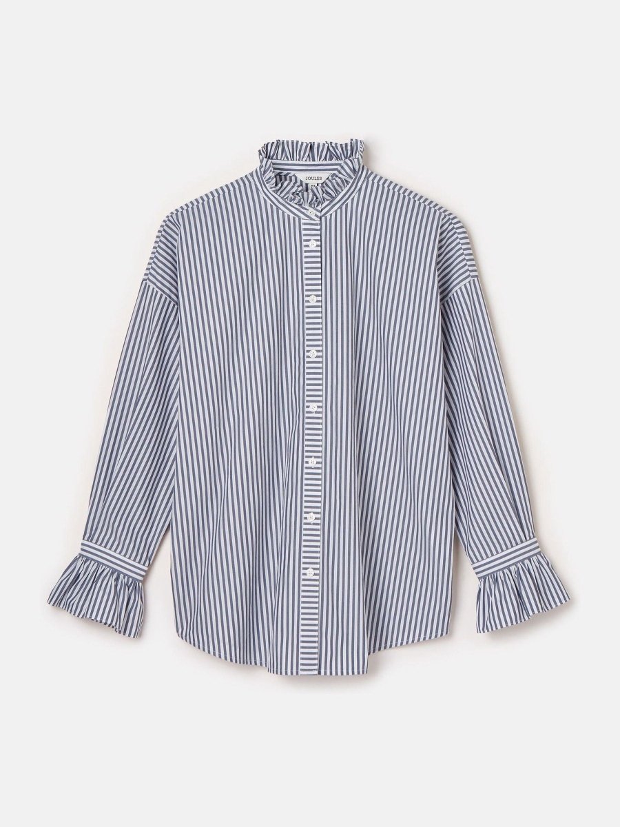 Mae Navy/White Relaxed Fit Frill Neck Shirt - RUTHERFORD & Co