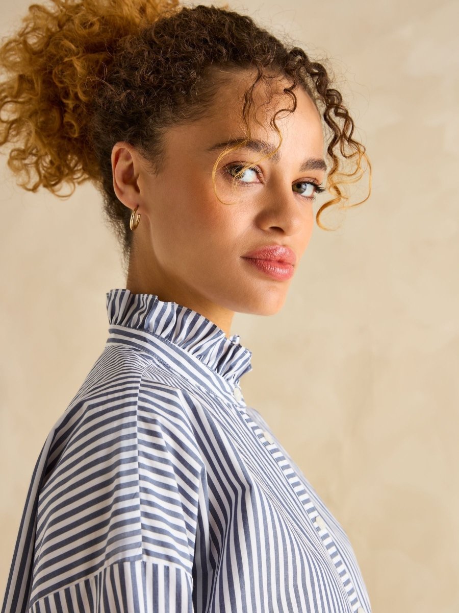 Mae Navy/White Relaxed Fit Frill Neck Shirt - RUTHERFORD & Co