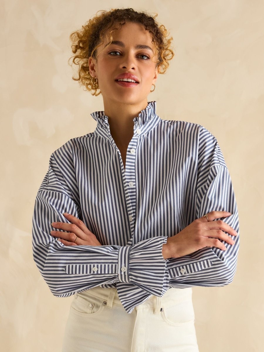 Mae Navy/White Relaxed Fit Frill Neck Shirt - RUTHERFORD & Co