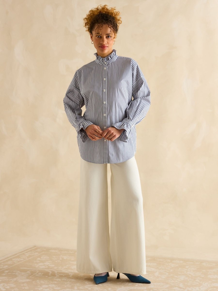 Mae Navy/White Relaxed Fit Frill Neck Shirt - RUTHERFORD & Co