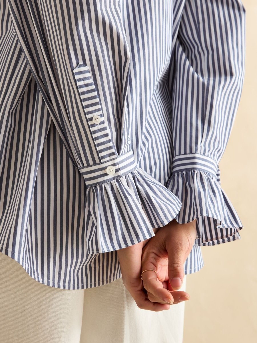 Mae Navy/White Relaxed Fit Frill Neck Shirt - RUTHERFORD & Co