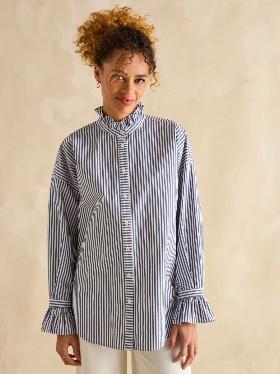 Mae Navy/White Relaxed Fit Frill Neck Shirt - RUTHERFORD & Co