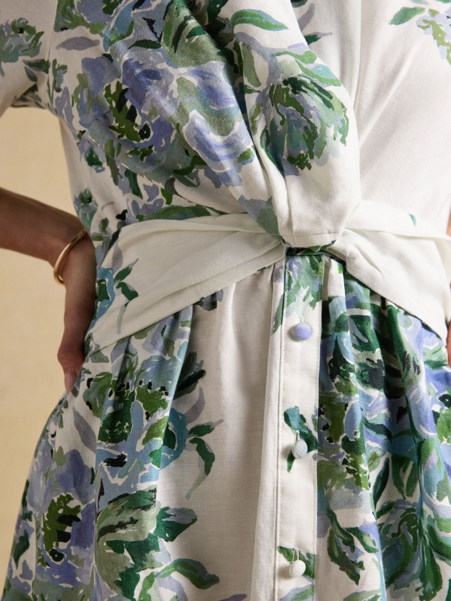 Marina White & Blue Floral Midi Linen Blend Dress - RUTHERFORD & Co