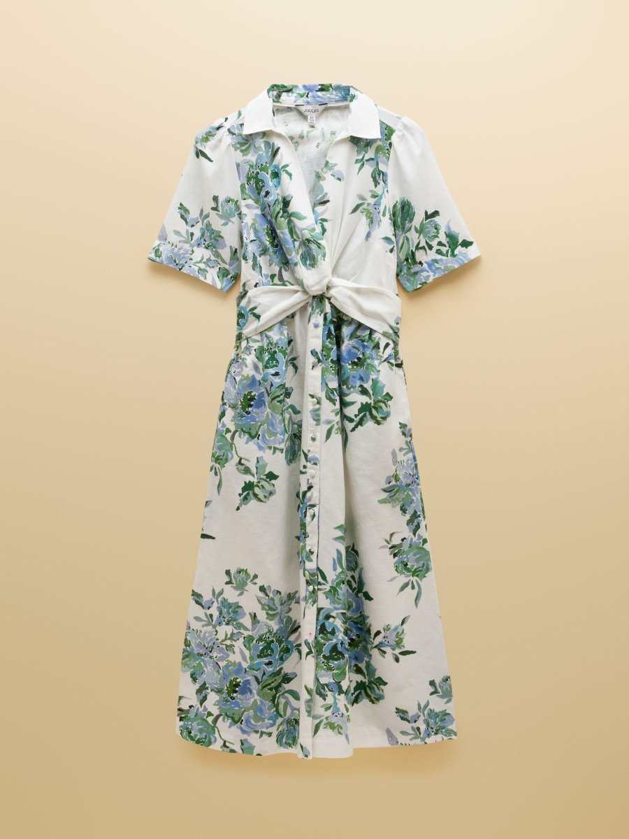 Marina White & Blue Floral Midi Linen Blend Dress - RUTHERFORD & Co