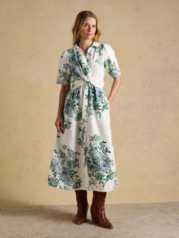 Marina White & Blue Floral Midi Linen Blend Dress - RUTHERFORD & Co