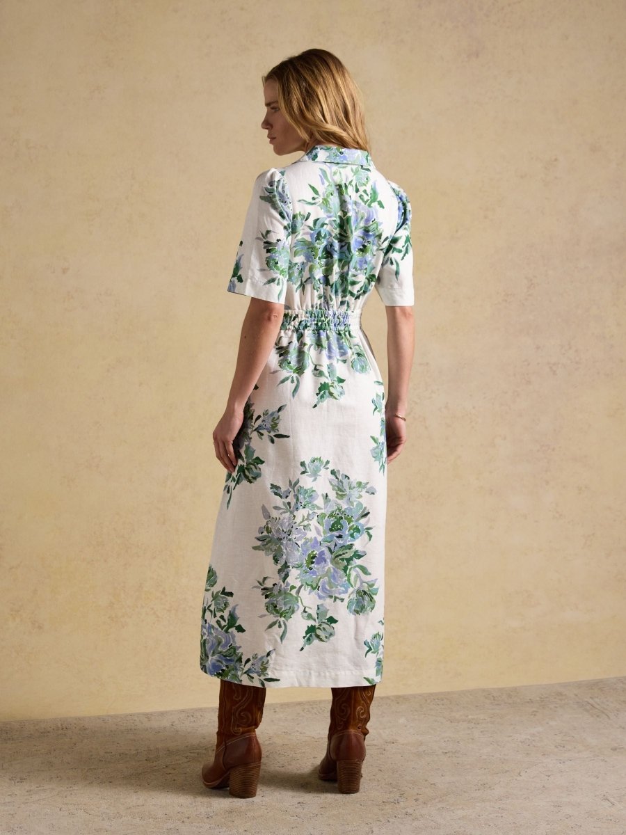 Marina White & Blue Floral Midi Linen Blend Dress - RUTHERFORD & Co