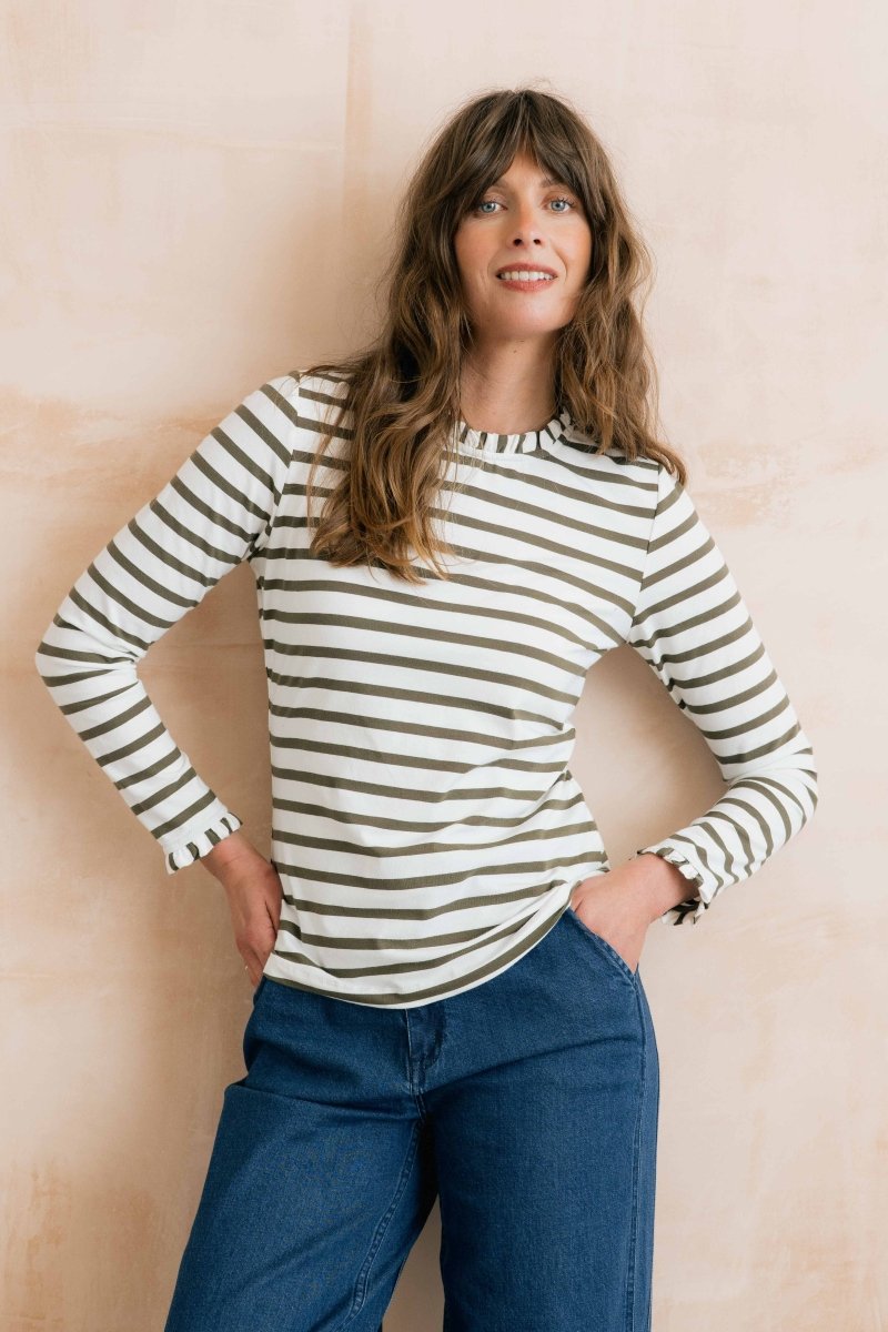 Marnie Striped Frill Neck Top Olive/Ecru - RUTHERFORD & Co