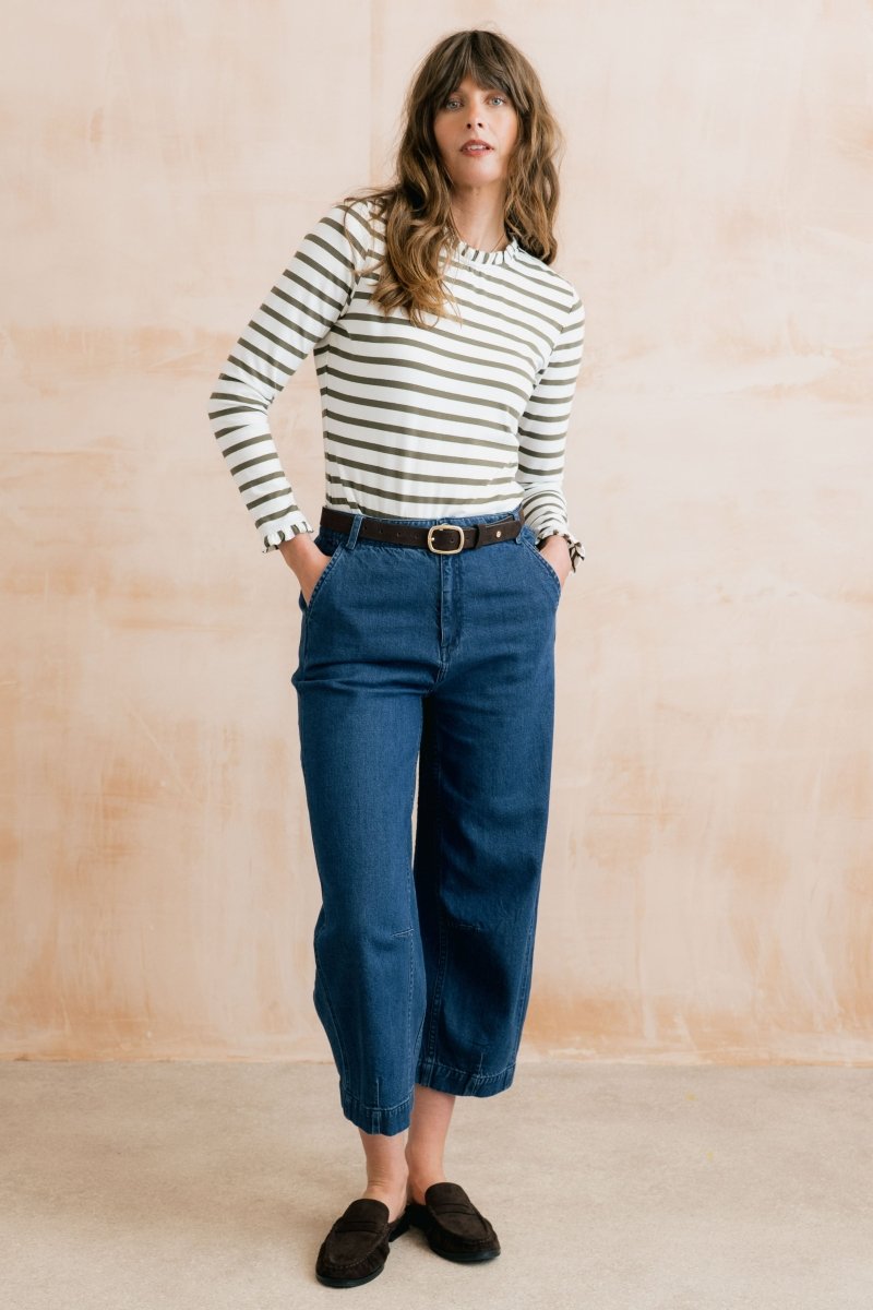 Marnie Striped Frill Neck Top Olive/Ecru - RUTHERFORD & Co