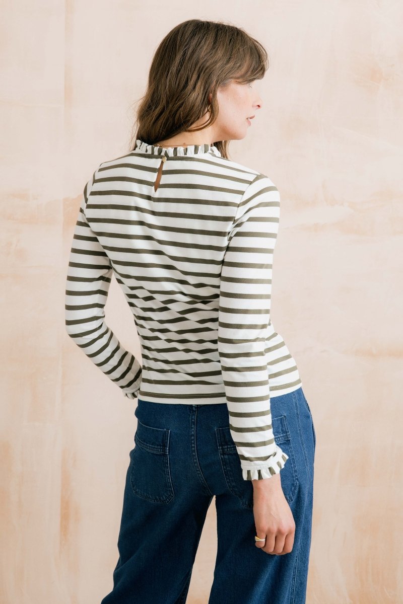 Marnie Striped Frill Neck Top Olive/Ecru - RUTHERFORD & Co