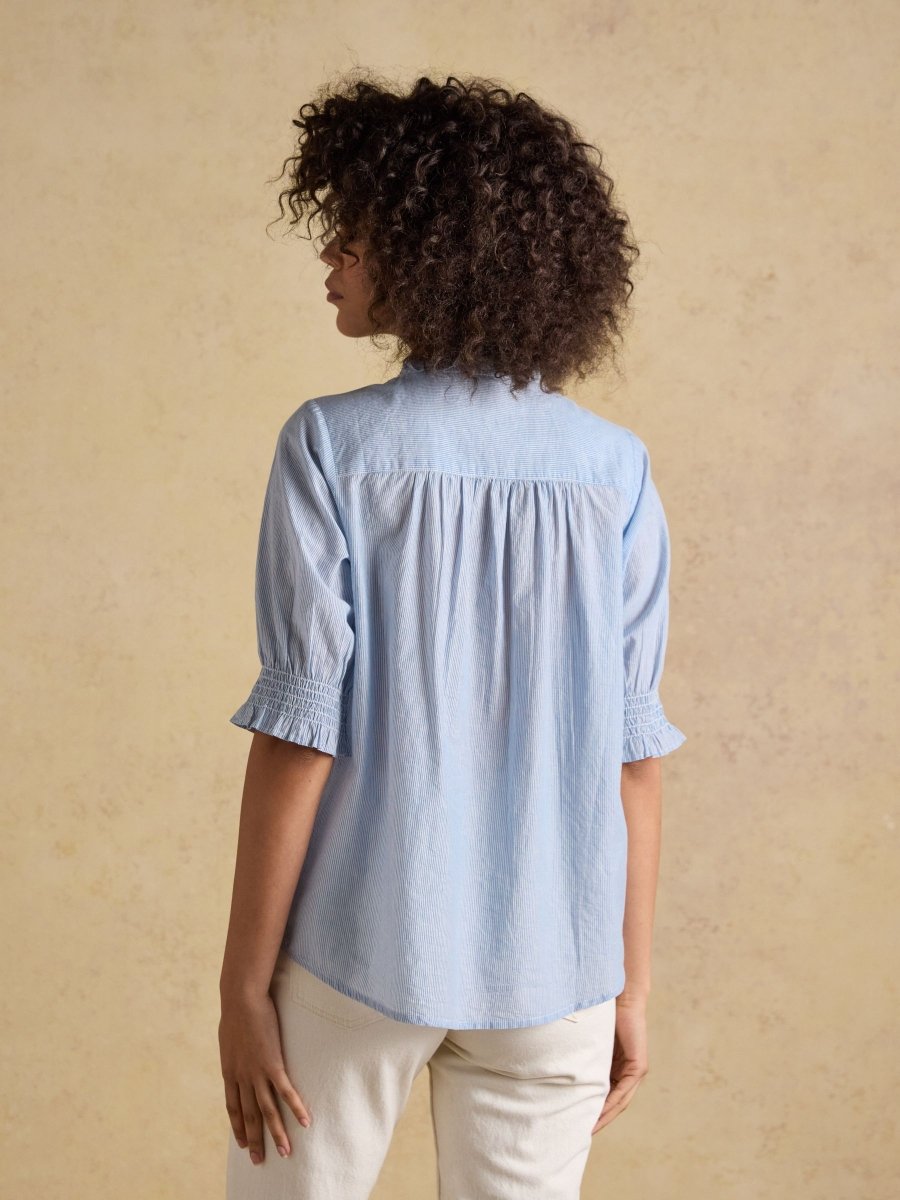 Melanie Blue Short Sleeve Ruffle Blouse - RUTHERFORD & Co