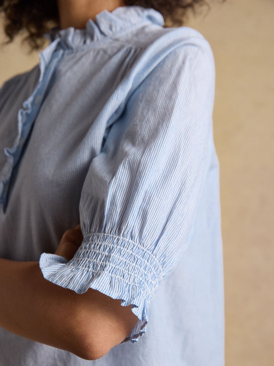Melanie Blue Short Sleeve Ruffle Blouse - RUTHERFORD & Co