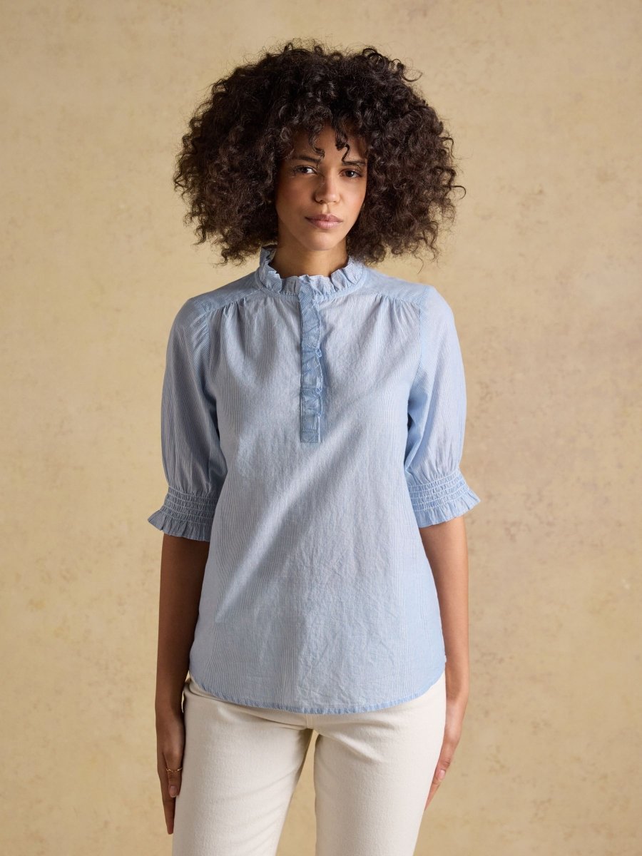 Melanie Blue Short Sleeve Ruffle Blouse - RUTHERFORD & Co