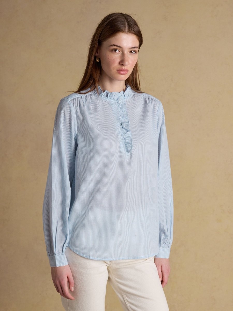 Melanie Blue & White Striped Long Sleeve Blouse with Ruffle Neck - RUTHERFORD & Co