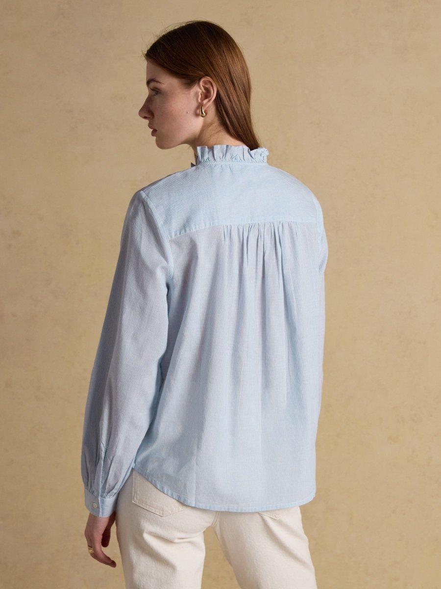 Melanie Blue & White Striped Long Sleeve Blouse with Ruffle Neck - RUTHERFORD & Co