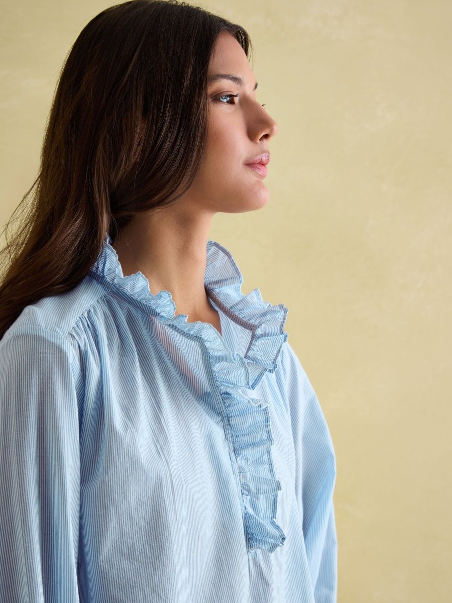 Melanie Blue/White Cotton Ruffle Blouse - RUTHERFORD & Co