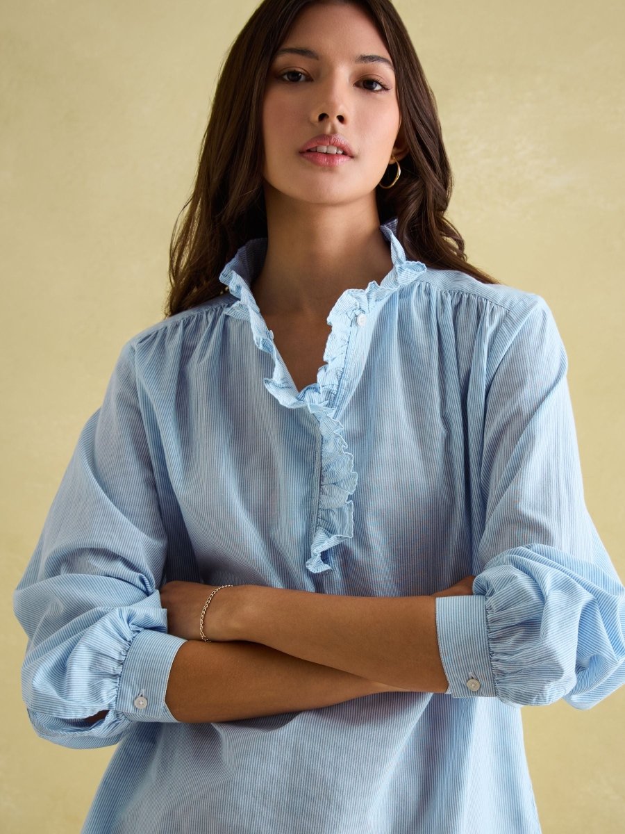 Melanie Blue/White Cotton Ruffle Blouse - RUTHERFORD & Co