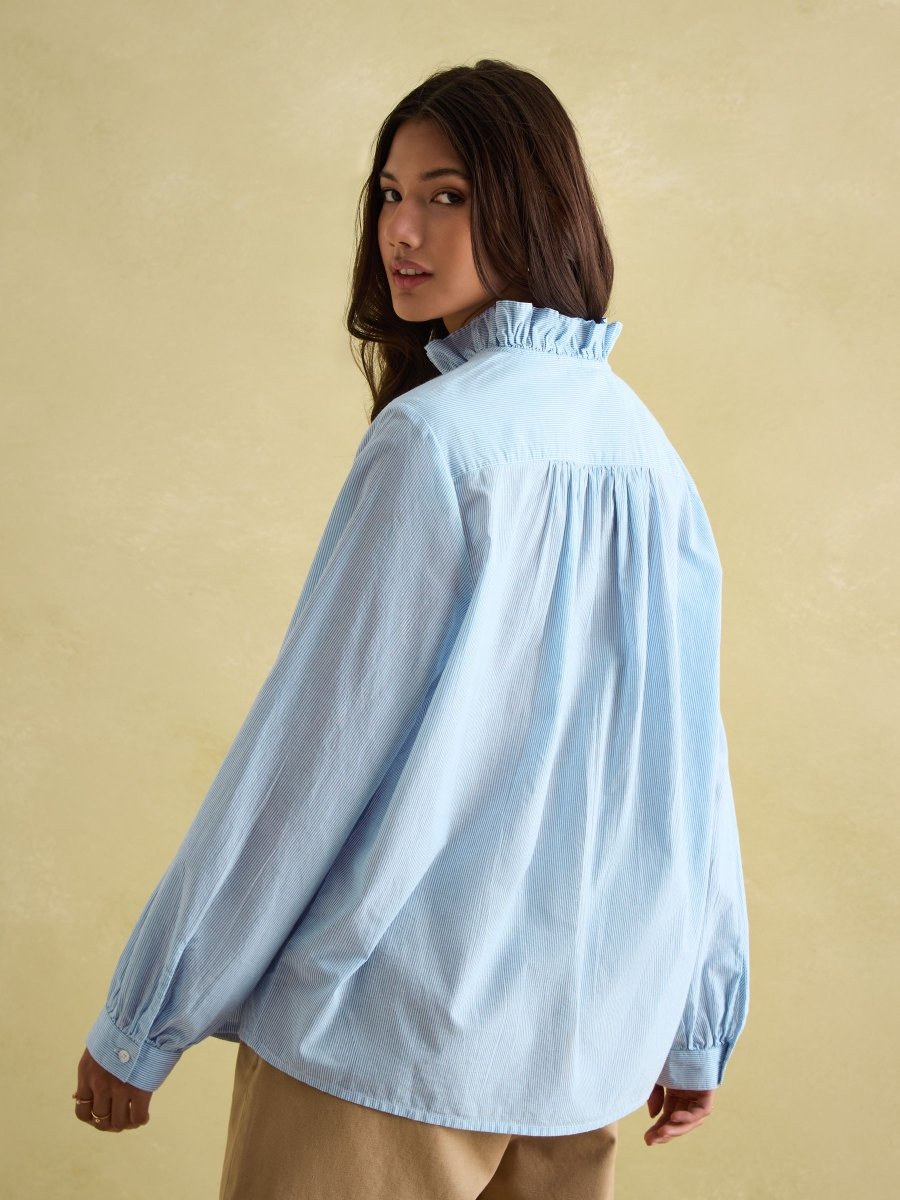 Melanie Blue/White Cotton Ruffle Blouse - RUTHERFORD & Co