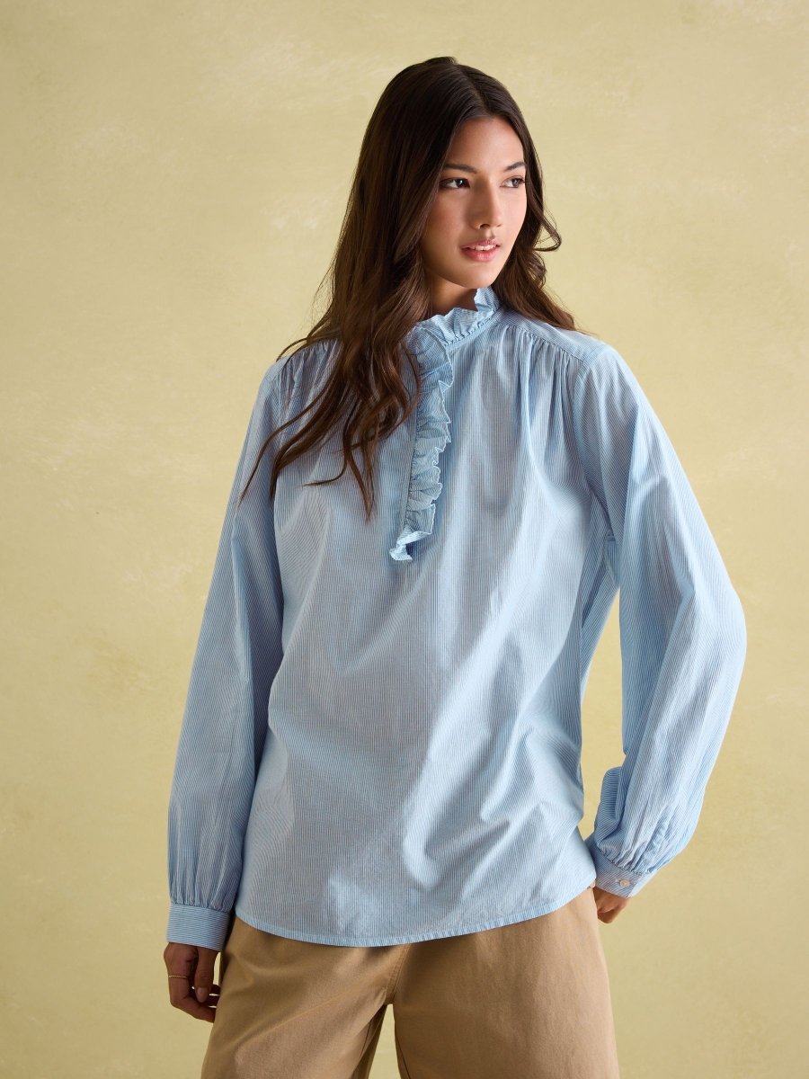 Melanie Blue/White Cotton Ruffle Blouse - RUTHERFORD & Co