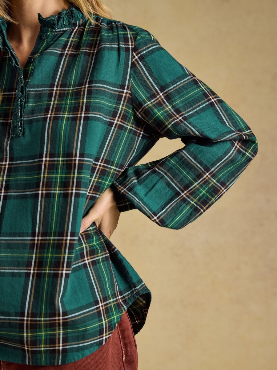 Melanie Check Brushed Frill Neck Blouse - Green - RUTHERFORD & Co