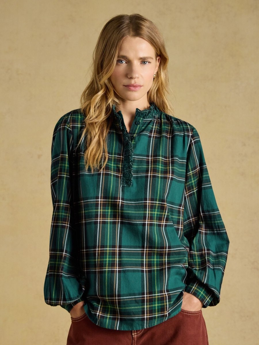 Melanie Check Brushed Frill Neck Blouse - Green - RUTHERFORD & Co