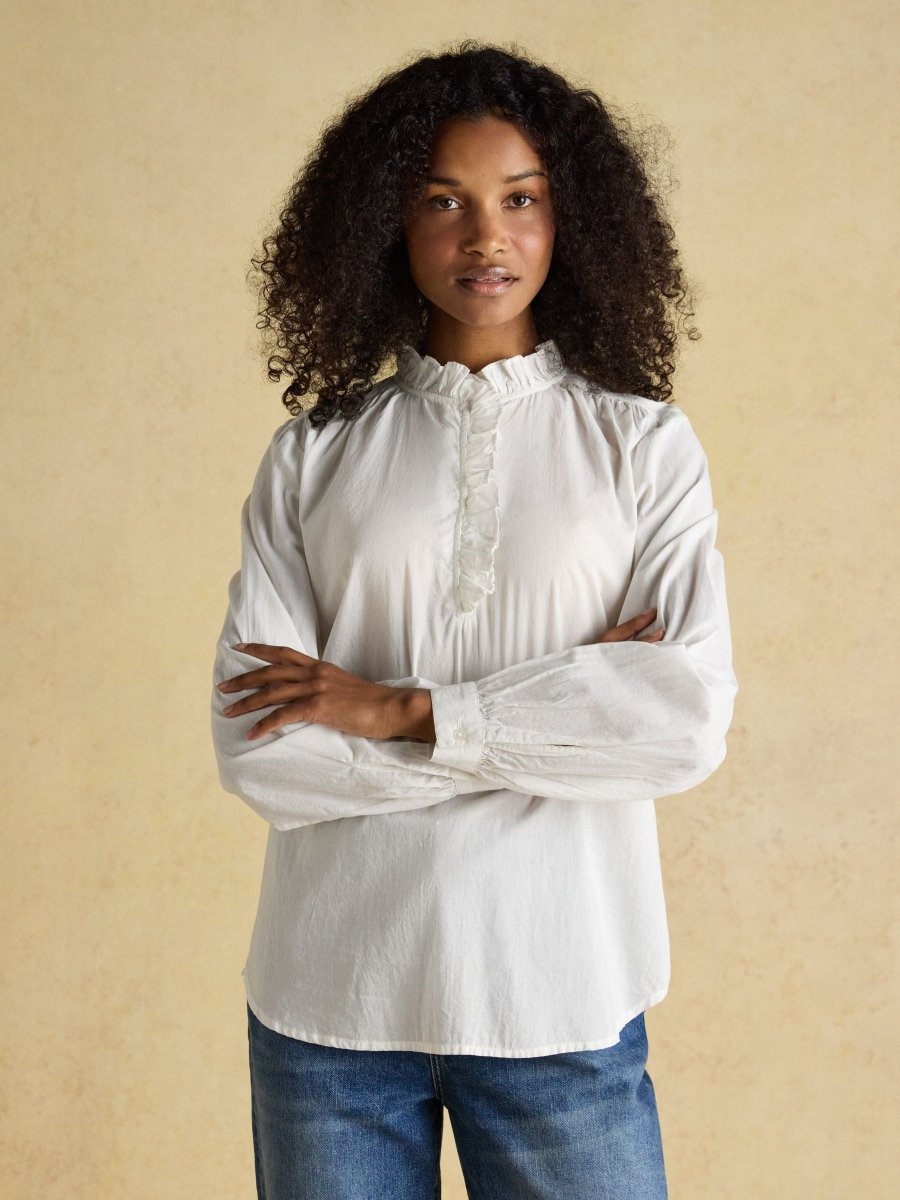 Melanie White Long Sleeve Blouse with Ruffle Neck - RUTHERFORD & Co
