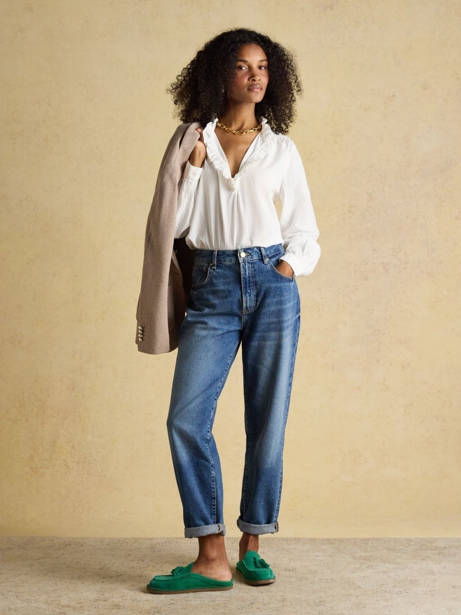 Melanie White Long Sleeve Blouse with Ruffle Neck - RUTHERFORD & Co