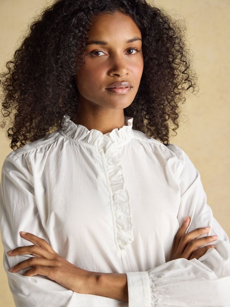 Melanie White Long Sleeve Blouse with Ruffle Neck - RUTHERFORD & Co