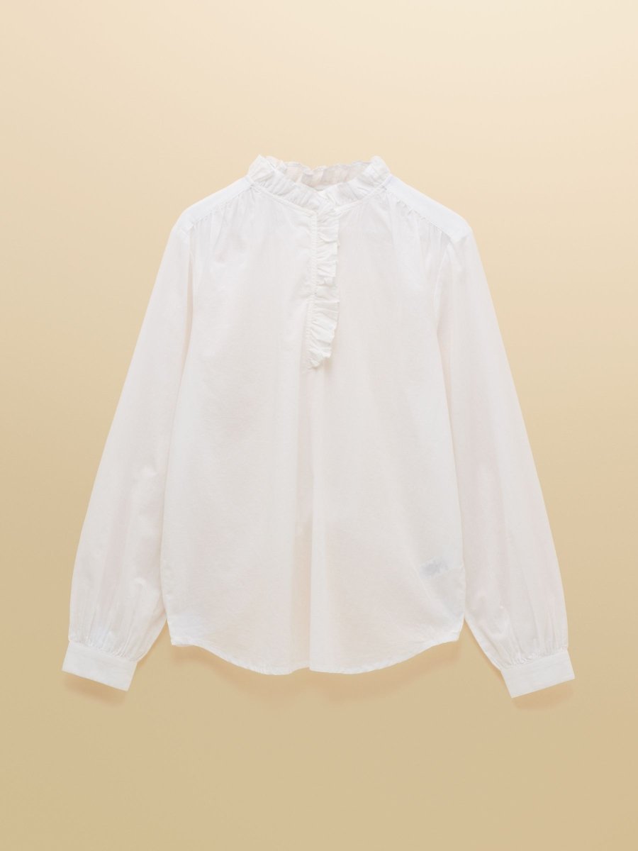 Melanie White Long Sleeve Blouse with Ruffle Neck - RUTHERFORD & Co