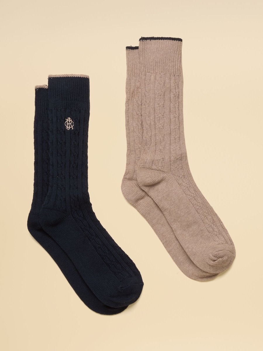Men's Cable Knit Navy & Tan Socks 2 Pack - RUTHERFORD & Co