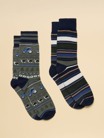 Men's Kingsbury Khaki Fairisle Socks 2 Pack (size 7-12) - RUTHERFORD & Co