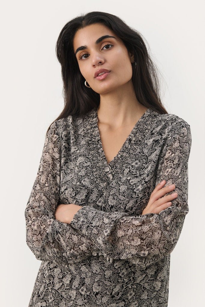 MikaelaPW Dr Dress - Black Leaf Print - RUTHERFORD & Co