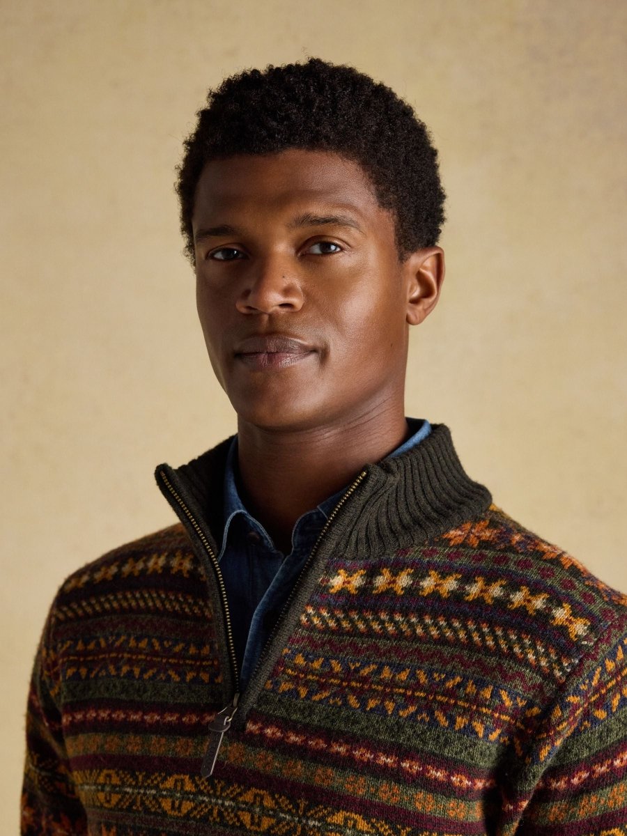 Milligan Wool - Rich Green Quarter Zip Fair Isle Jumper - RUTHERFORD & Co
