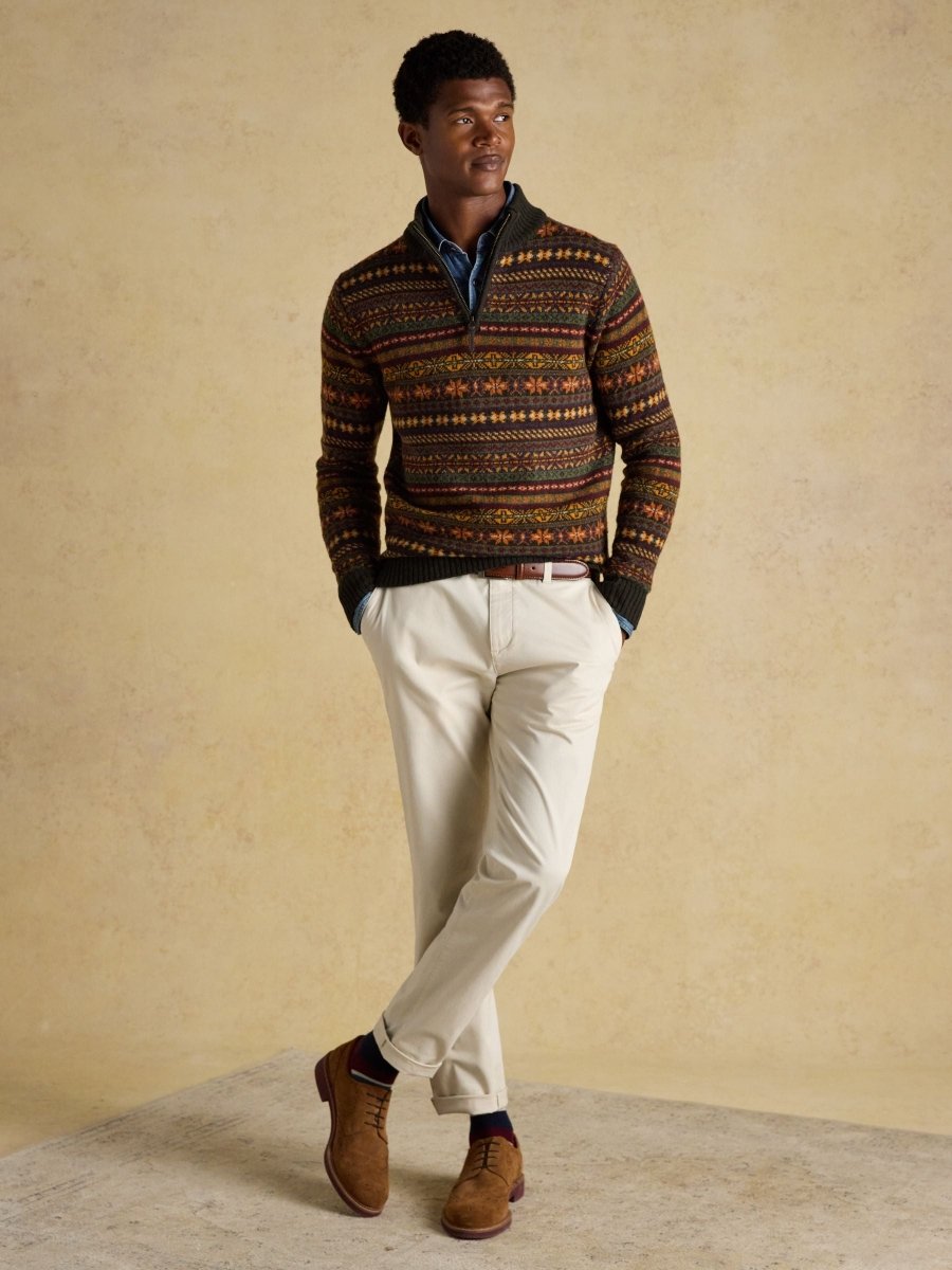 Milligan Wool - Rich Green Quarter Zip Fair Isle Jumper - RUTHERFORD & Co