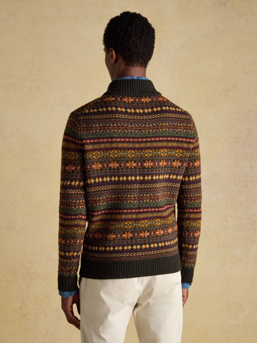 Milligan Wool - Rich Green Quarter Zip Fair Isle Jumper - RUTHERFORD & Co