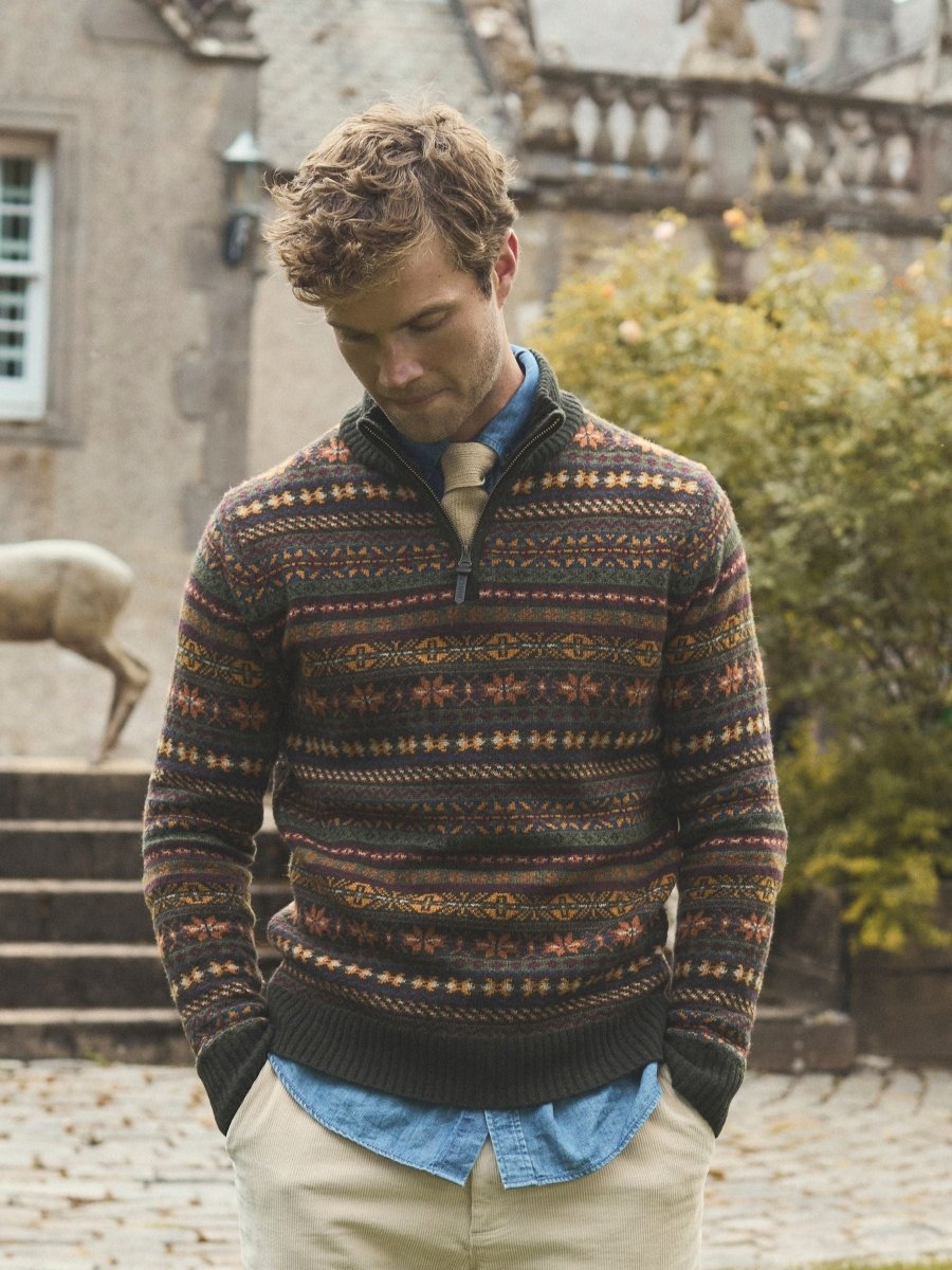 Milligan Wool - Rich Green Quarter Zip Fair Isle Jumper - RUTHERFORD & Co